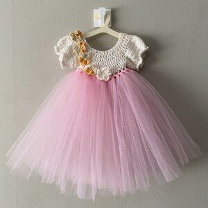 Handmade Cotton Crochet White Orange Light Pink Tulle Doll Teddy Bear Tutu Dress